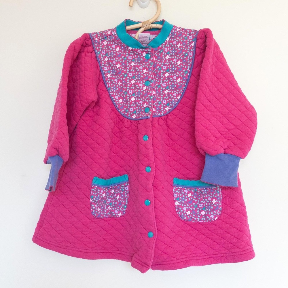 Vintage Gymboree 90s Quilted Jacket Pink Floral Snap Front Kids Girls Sz M 3-4